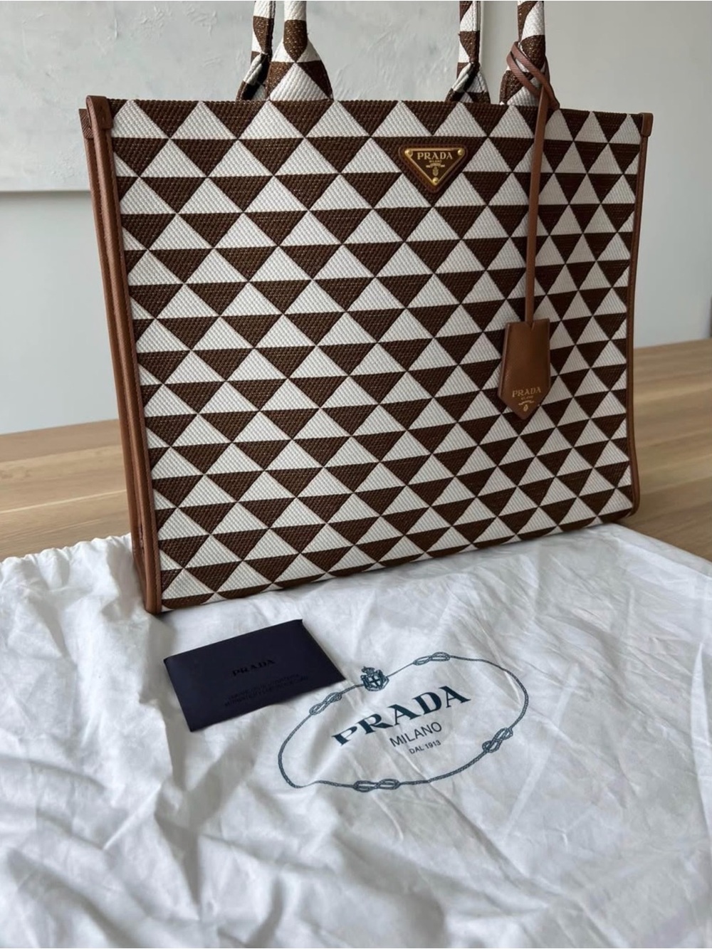 Prada Symbole Large Brown & White Geometric Tote Bag - Picture 5 of 7